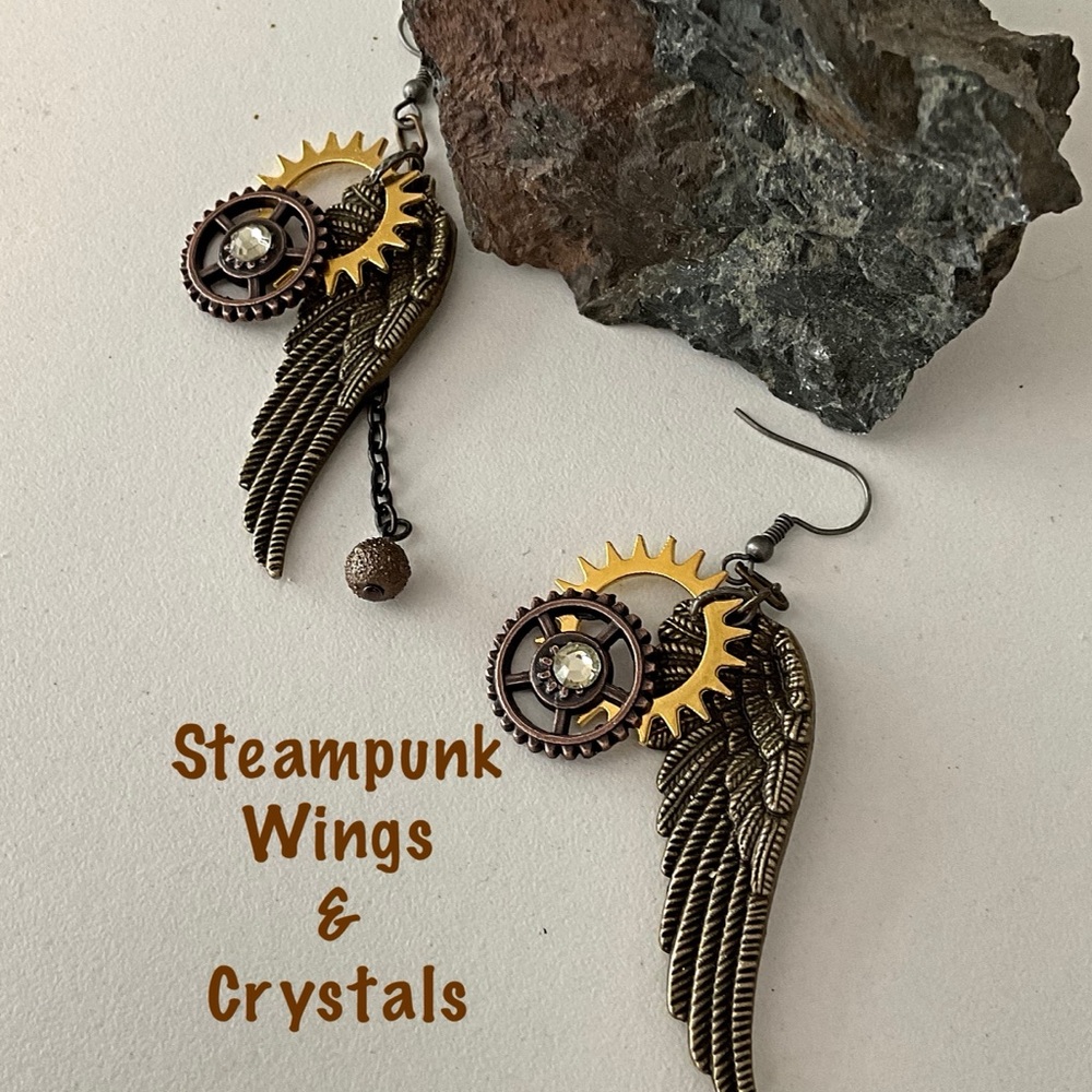 Steampunk Earrings. Angel Wings with Mechanical Gears Charms. One of a Kind - Picture 1 of 6